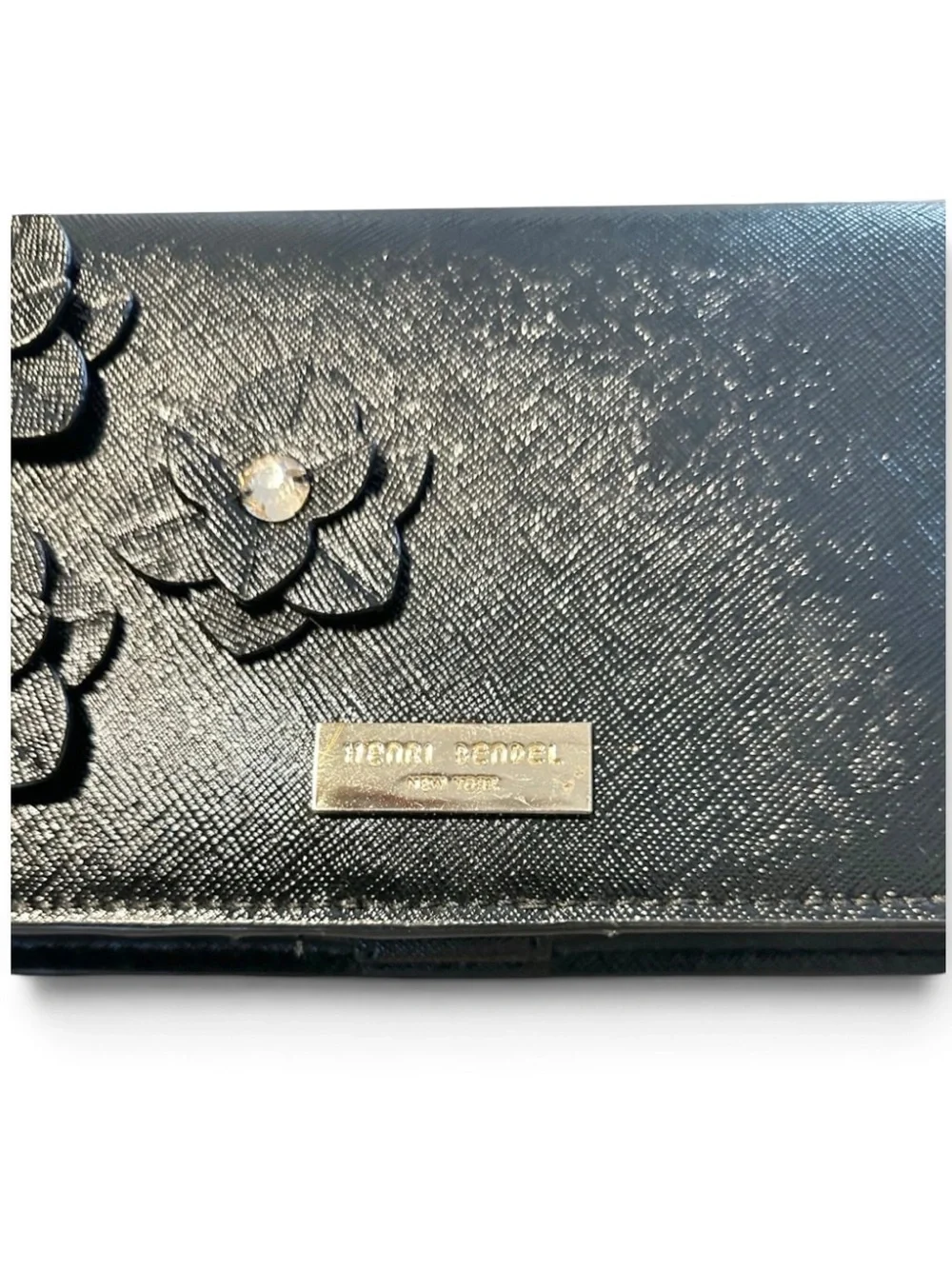 Henri Bendel RARE Black Saffiano Leather Floral Appliqué Phone Wallet NWOT